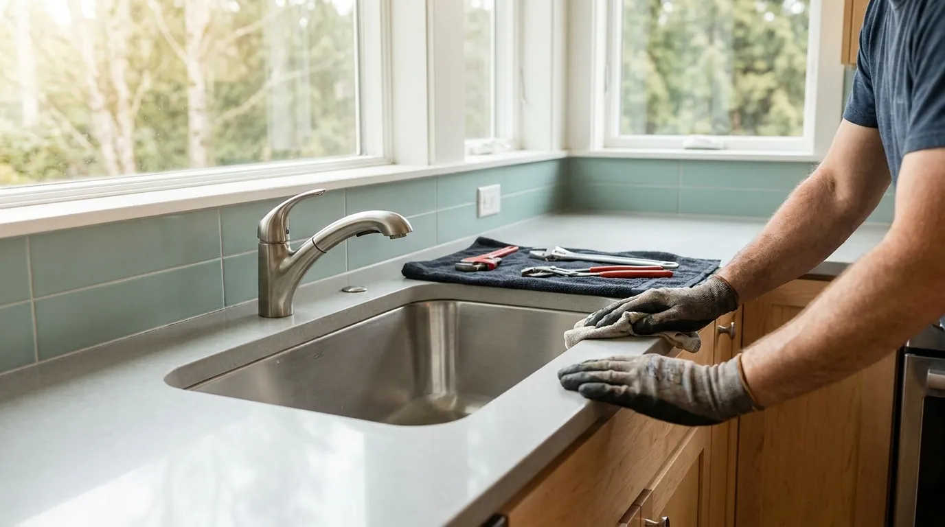 Mykola finishing a clean plumbing job in a Metro Vancouver kitchen