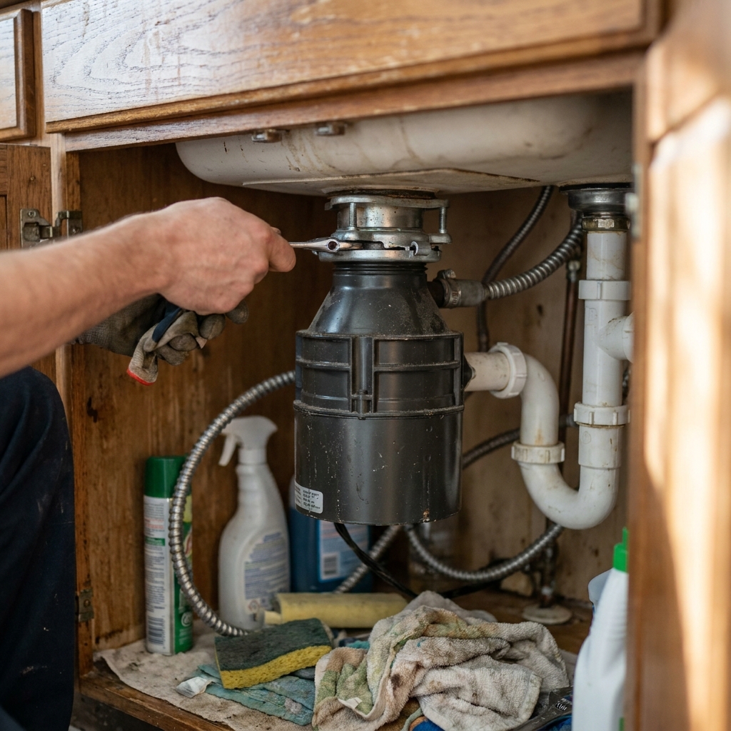 A garburator (garbage disposal) mounted under the sink
