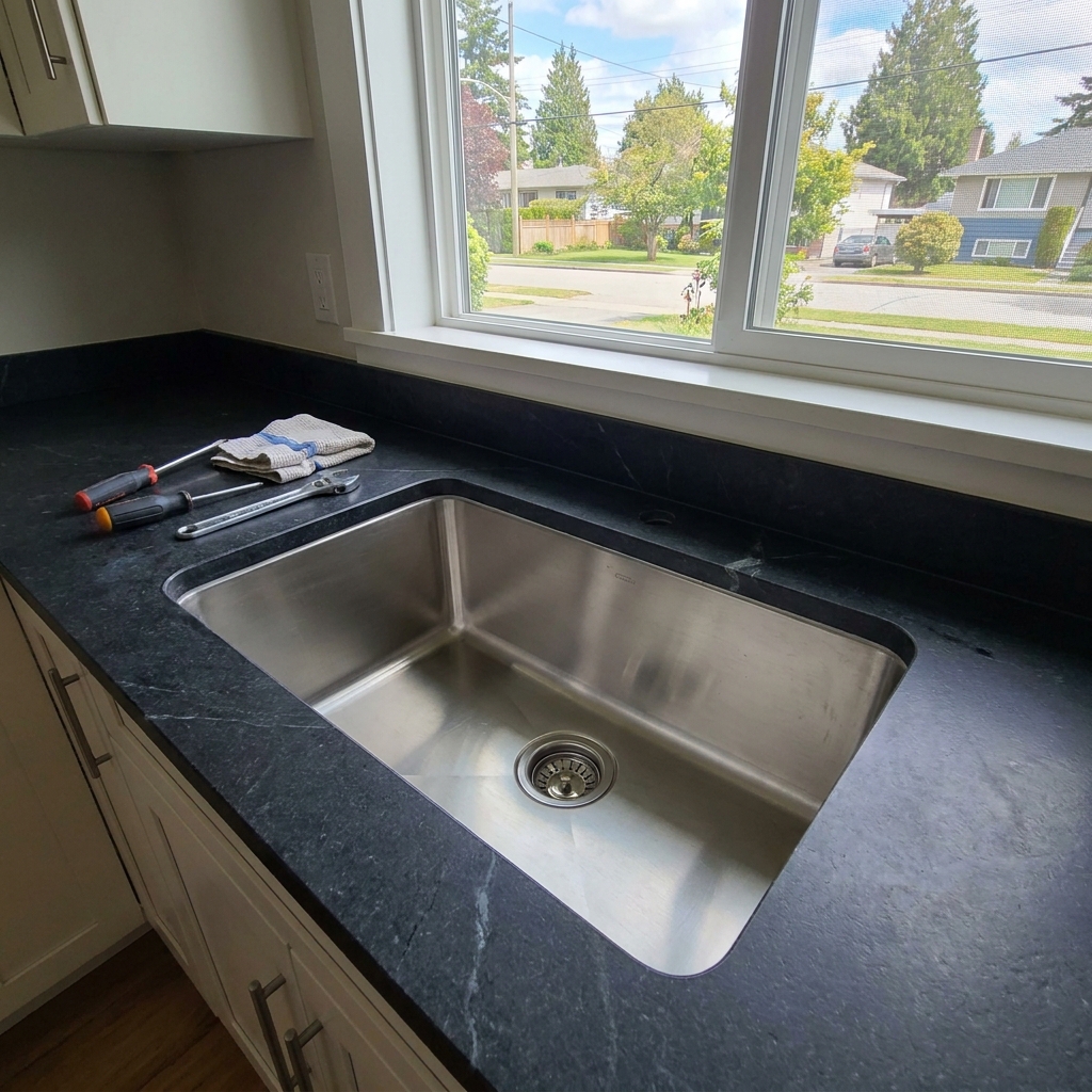 A new kitchen sink being installed into a countertop